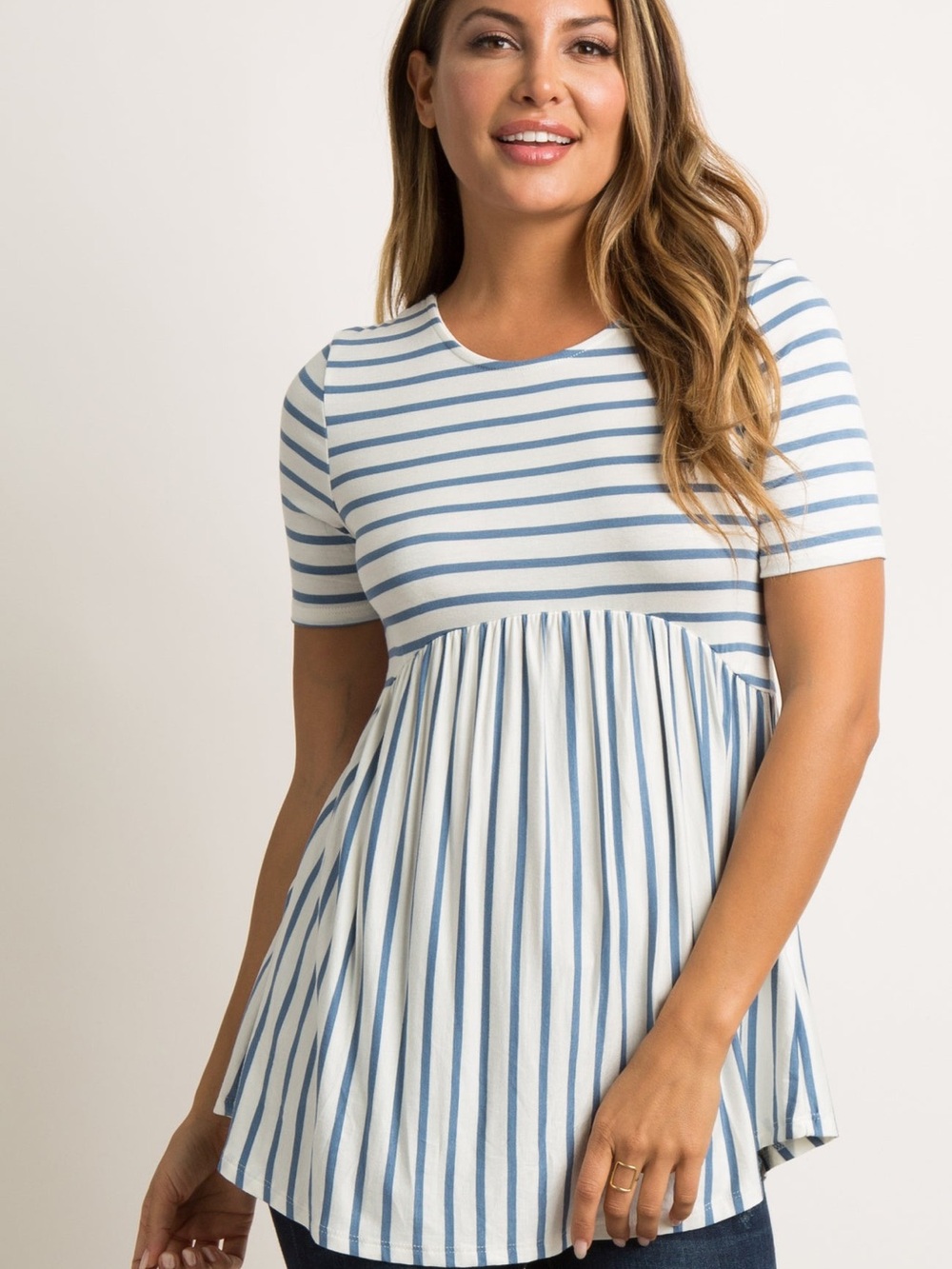 PinkBlush Blue Striped Cross Back Peplum Maternity Top